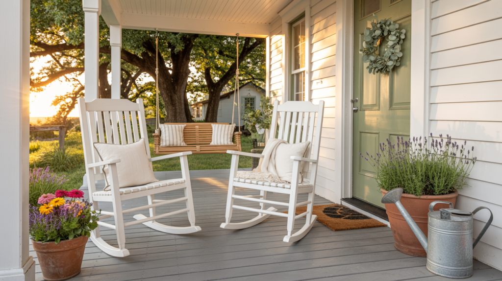 Farmhouse front porch ideas for summer with white rocking chairs, shiplap walls, galvanized planters, lavender, and a sage green front door in warm golden light