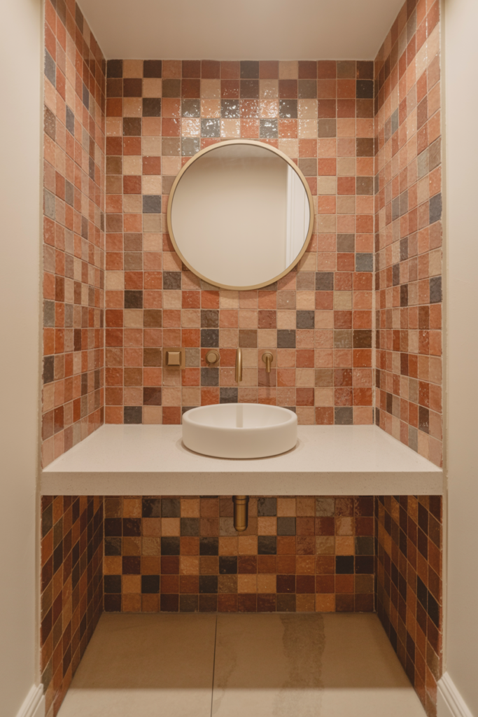 A basement bathroom vanity wall covered in handmade terracotta zellige accent tiles with a round brushed brass mirror, white oval sink, and brass wall-mounted faucet taps