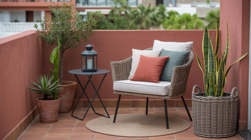 Affordable balcony accessories including throw pillows, lantern, and ceramic pots on a small budget balcony