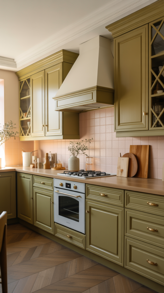 Sage green painted oak kitchen cabinets with brushed brass hardware and cream countertops in a warm kitchen