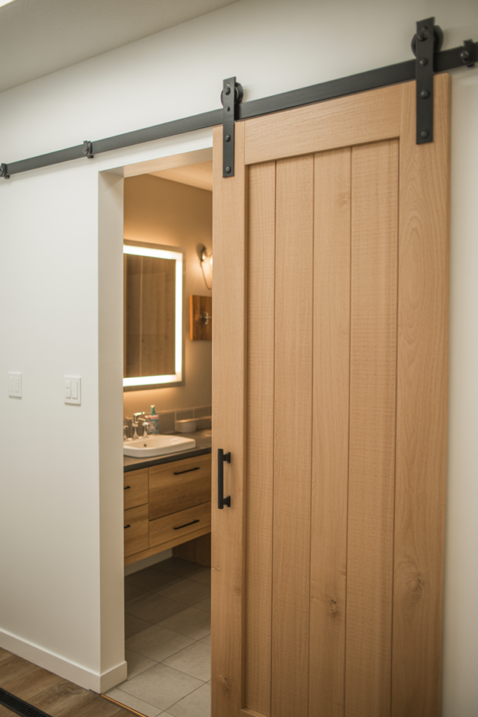 A natural oak sliding barn door on a matte black track mounted at the entrance of a basement bathroom with a floating vanity and backlit mirror visible through the open doorway