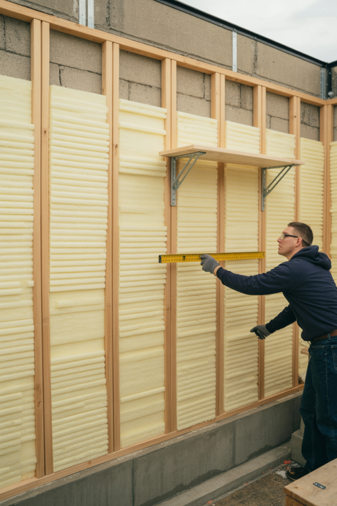 Basement bathroom framing with pressure-treated lumber and rigid foam insulation on exterior wall