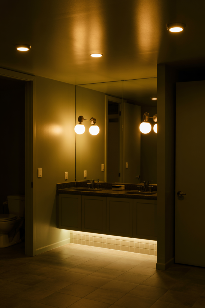 A basement bathroom with layered lighting including warm recessed ceiling lights, brushed brass globe sconces flanking the vanity mirror, and soft LED under-vanity accent lighting