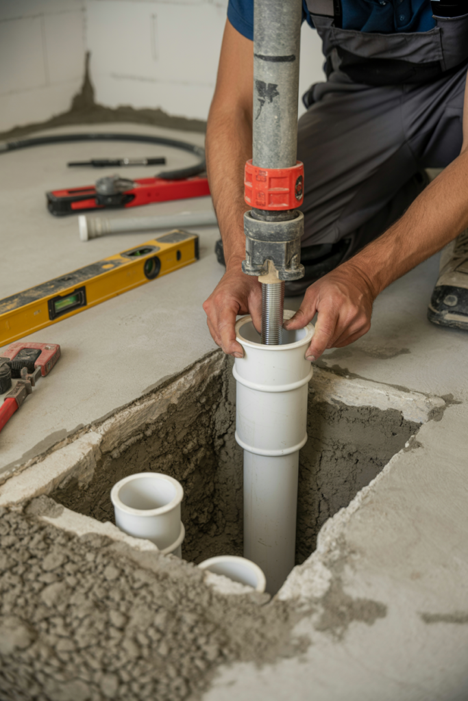 Plumber installing PVC drain pipes in concrete floor during basement bathroom rough-in