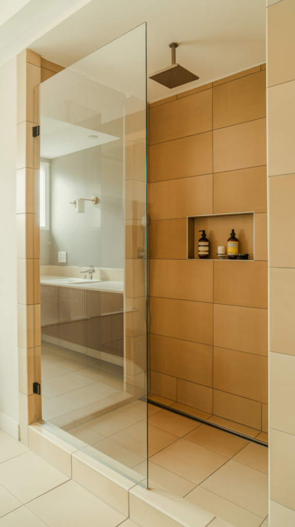 A basement bathroom walk-in shower with frameless glass enclosure, large-format beige porcelain tiles, ceiling-mounted rainfall showerhead, and a built-in recessed tile niche