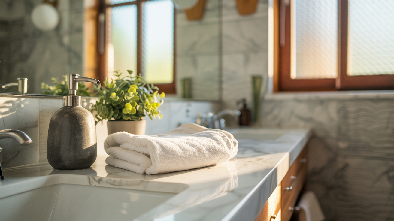 Stylish bathroom countertop with soap dispenser, plant, and folded towels showing top bathroom accessories ideas