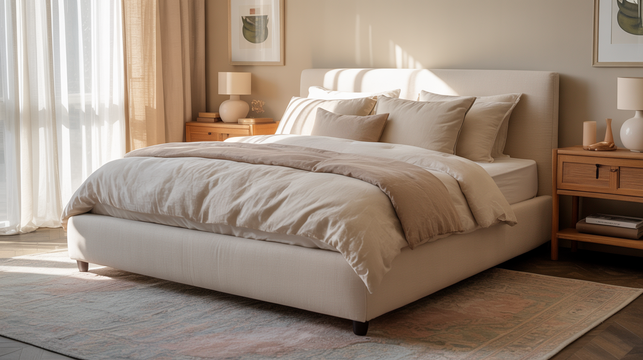 Bright and cozy couples bedroom with neutral tones, matching nightstands, and natural light