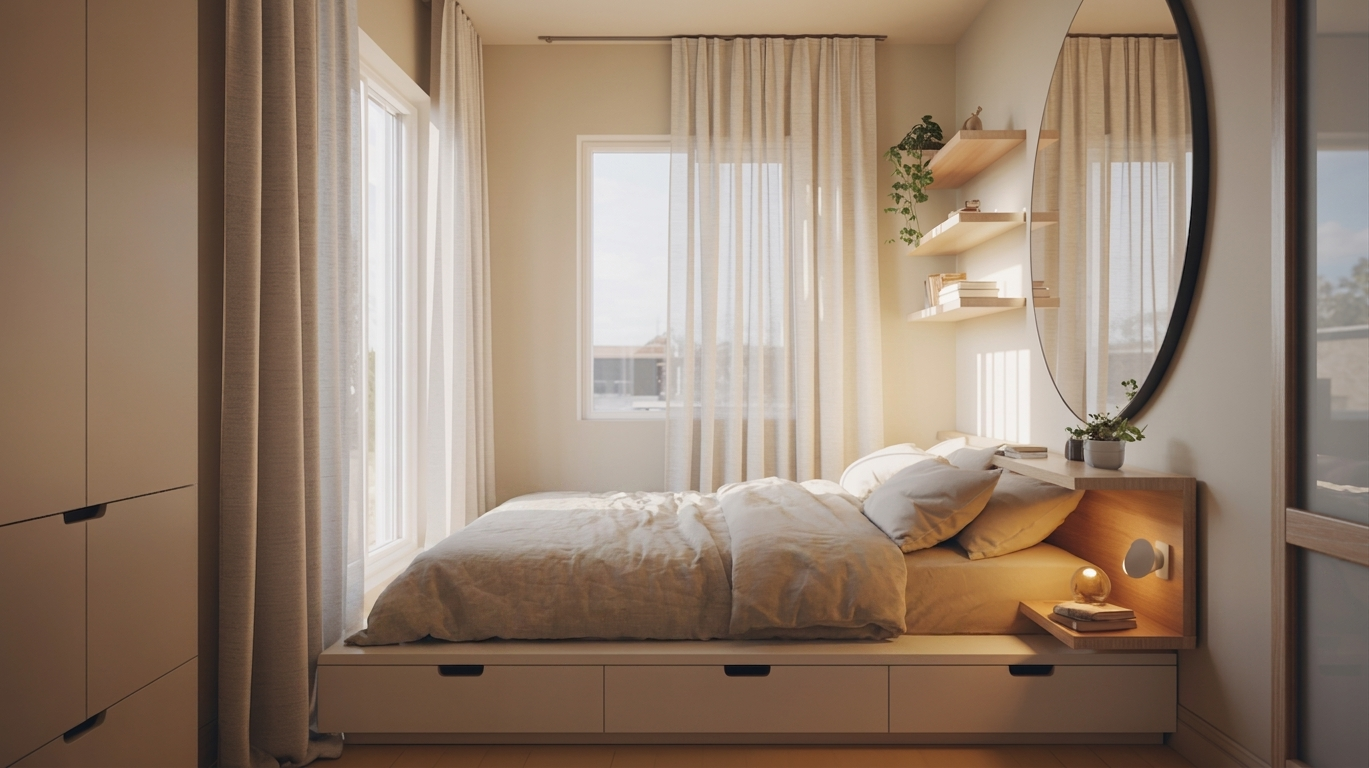 Bright and minimal small bedroom with platform storage bed, high-hung sheer curtains, floating shelves, and a large round mirror reflecting natural light