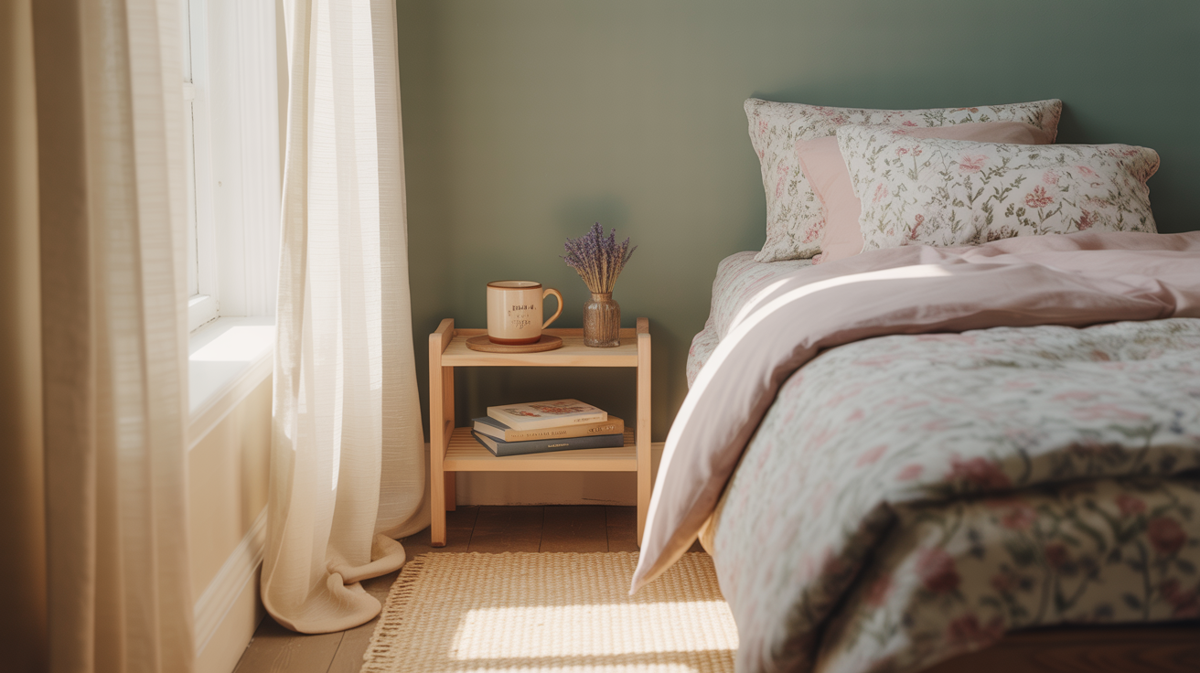 Cozy aesthetic bedroom ideas for teen girls with sage green walls and floral bedding