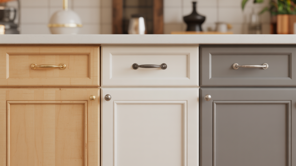 Three maple cabinet hardware pairings showing brass matte black and brushed nickel options side by side