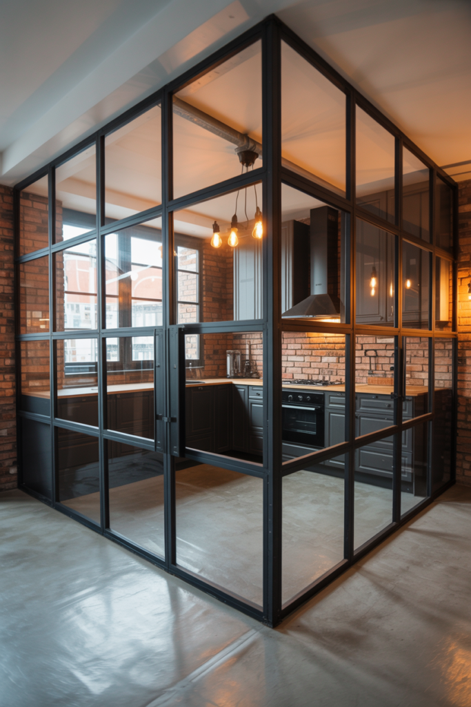 Black Steel Frame Glass Kitchen Partition in Industrial Home