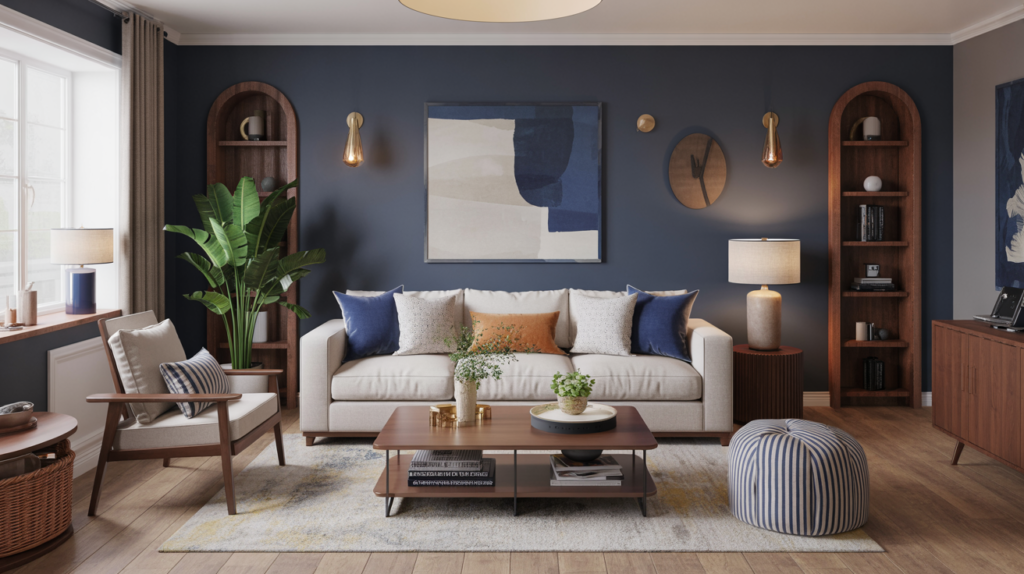 Living room with a deep navy blue accent wall, neutral furniture, warm wood accents, and layered soft furnishings