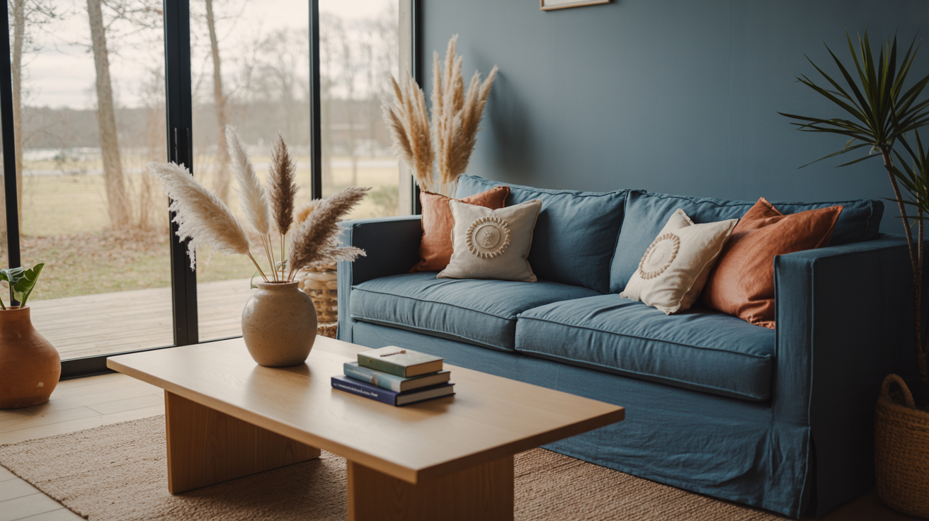 Stylish blue living room with navy sofa, dusty blue walls, jute rug, and warm natural lighting