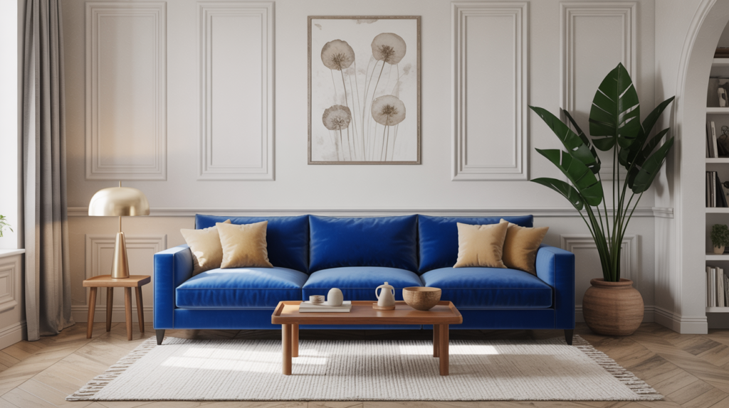 Bold blue velvet sofa as a statement piece in a neutral living room with white walls, wood floors, and minimal decor