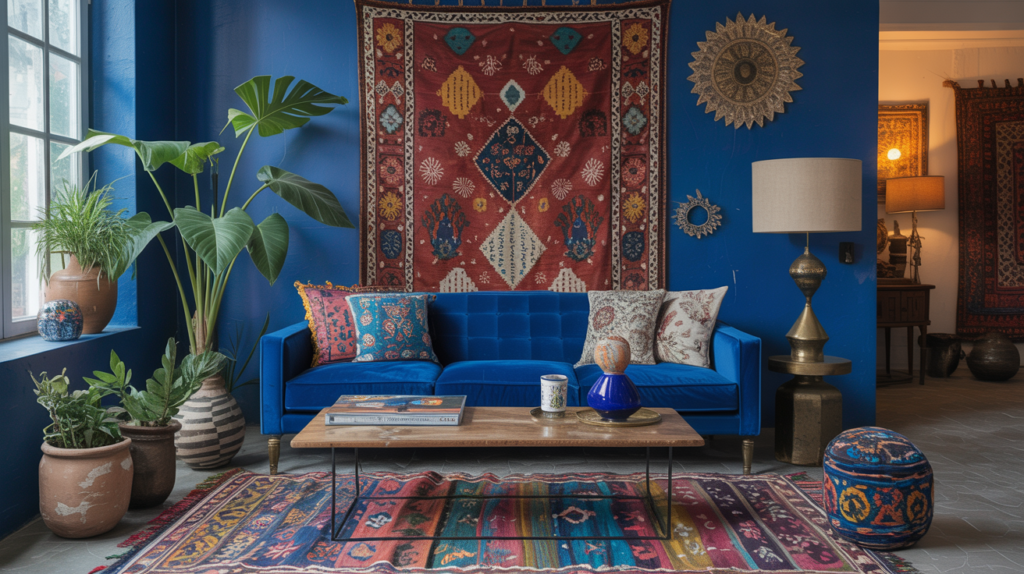 Bohemian blue living room with cobalt velvet sofa, Moroccan patterned rug, layered textiles, and warm eclectic decor