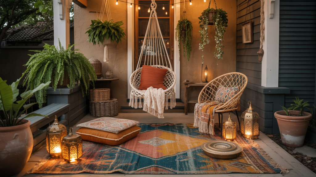 Bohemian front porch ideas for summer with a macrame hammock chair, Moroccan rug, layered floor cushions, brass lanterns, and trailing pothos in terracotta planters at golden hour
