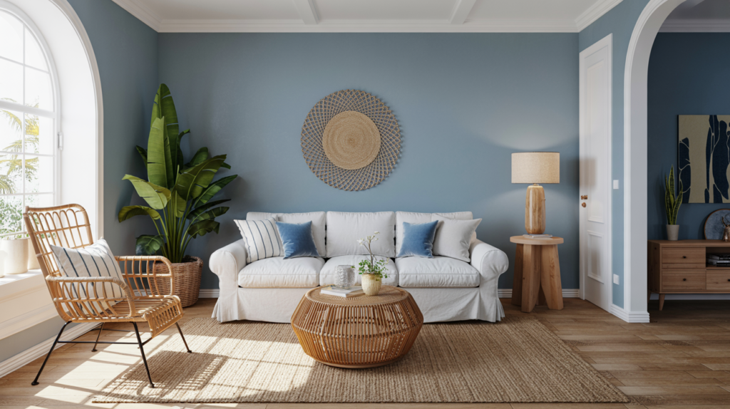 Coastal blue living room with white linen sofa, rattan chairs, jute rug, and seafoam blue walls in natural morning light