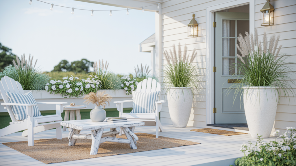 Coastal front porch ideas for summer with white Adirondack chairs, blue striped cushions, jute rug, ornamental grass planters, and string lights by a pale blue front door