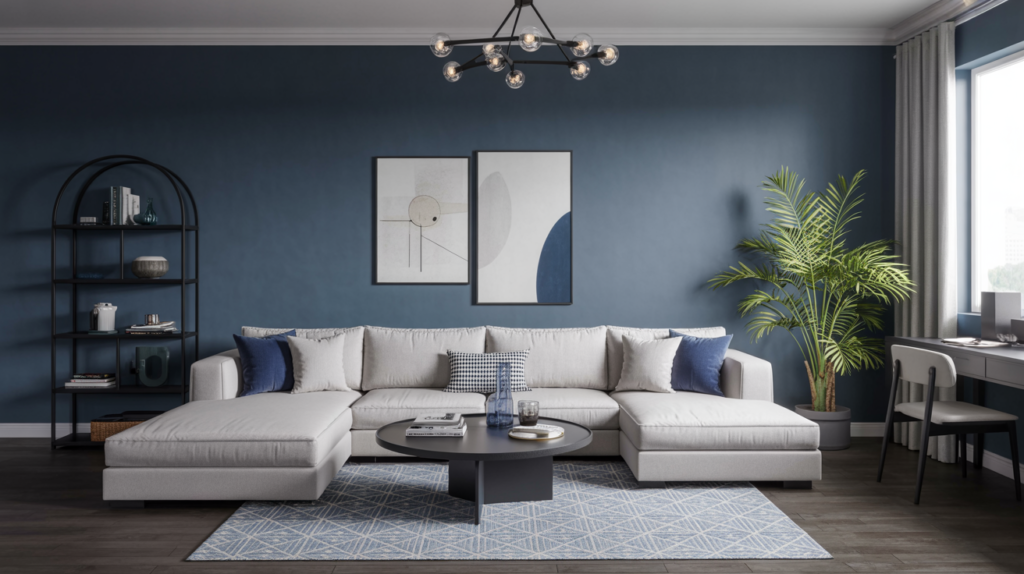 Contemporary blue living room with steel blue accent wall, white sectional sofa, geometric rug, and minimalist decor