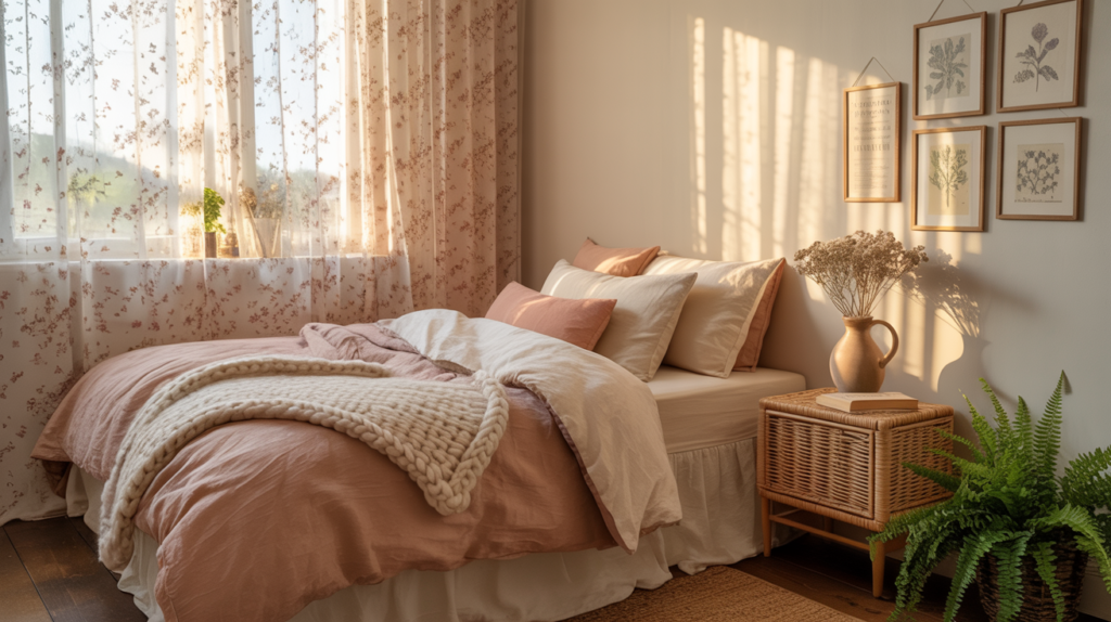 Cottagecore bedroom ideas for teen girls with floral curtains wicker furniture and dried flowers