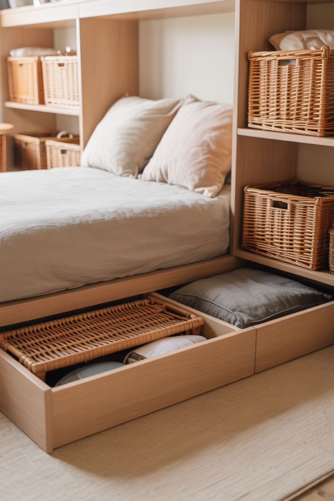 Clutter-free couples bedroom with built-in under-bed storage drawers and matching wicker baskets on shelves