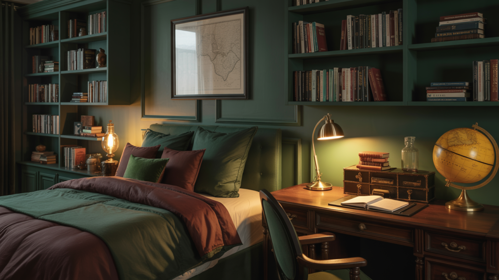 Dark academia bedroom ideas for teen girls with green walls wooden bookshelves and brass lighting