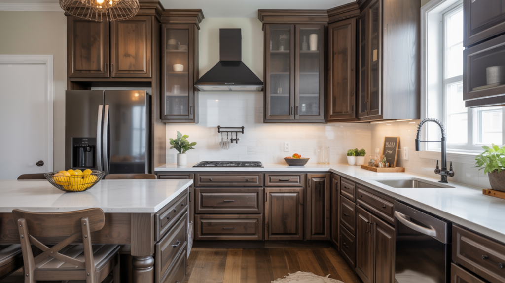 Dark espresso stained hickory kitchen cabinets with visible wood grain, white quartz countertop, and matte black hardware