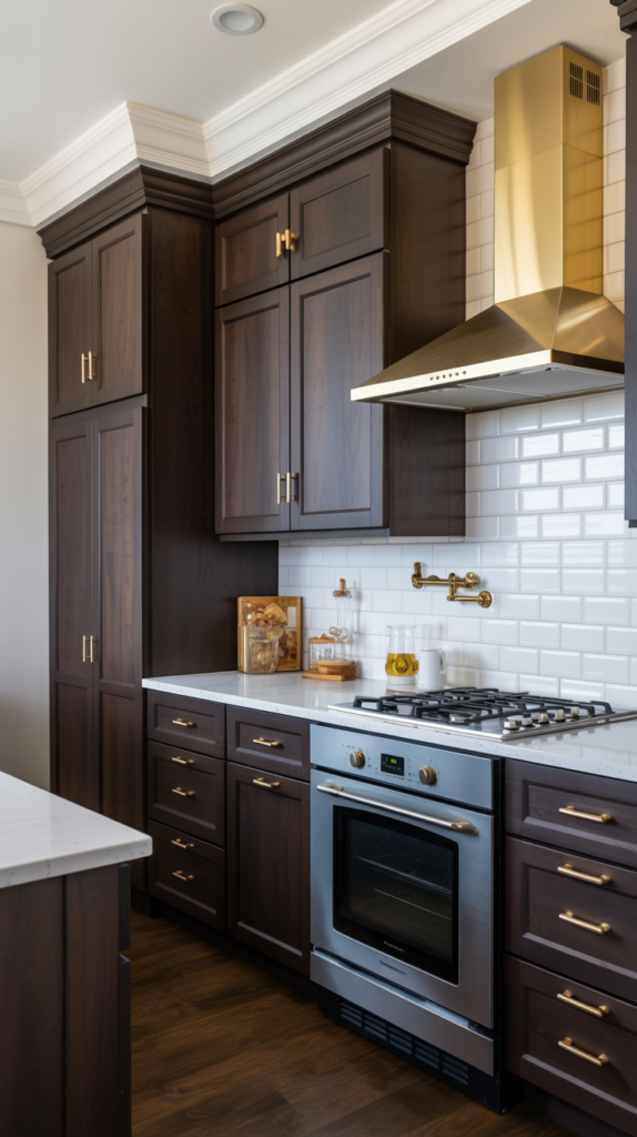 Dark espresso stained oak kitchen cabinets with gold hardware and white quartz countertops in a bold kitchen design
