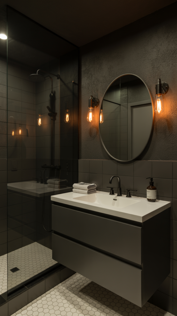 A moody basement bathroom with deep charcoal grey walls, matte black fixtures, white hexagon floor tiles, and warm Edison bulb sconces flanking a round vanity mirror