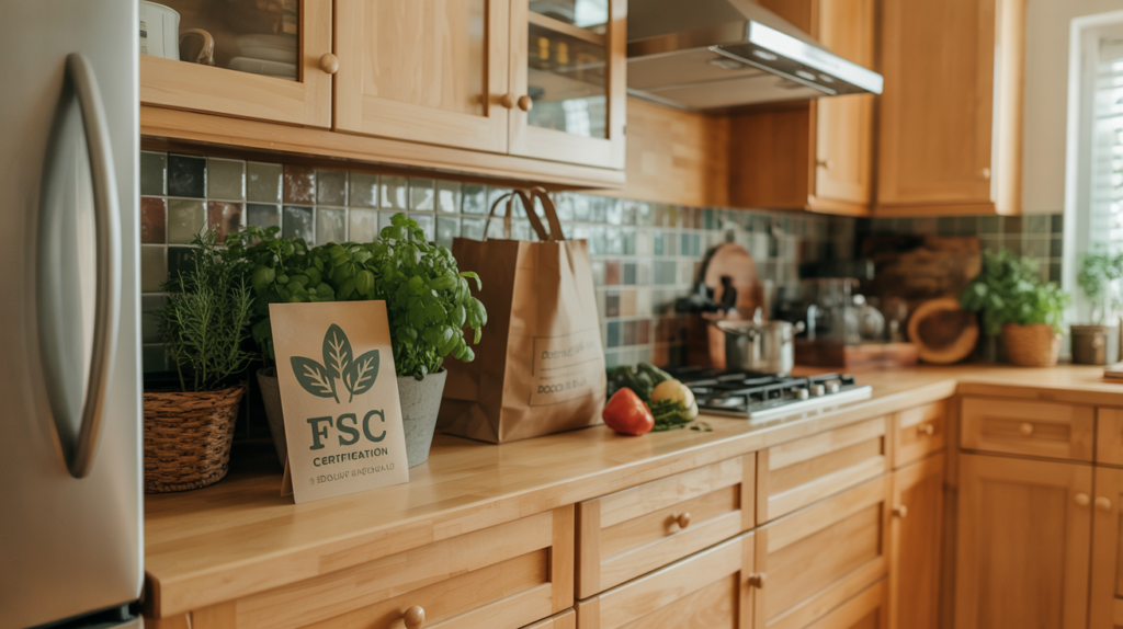 Eco-friendly maple kitchen cabinets with FSC certification in a sustainable home kitchen