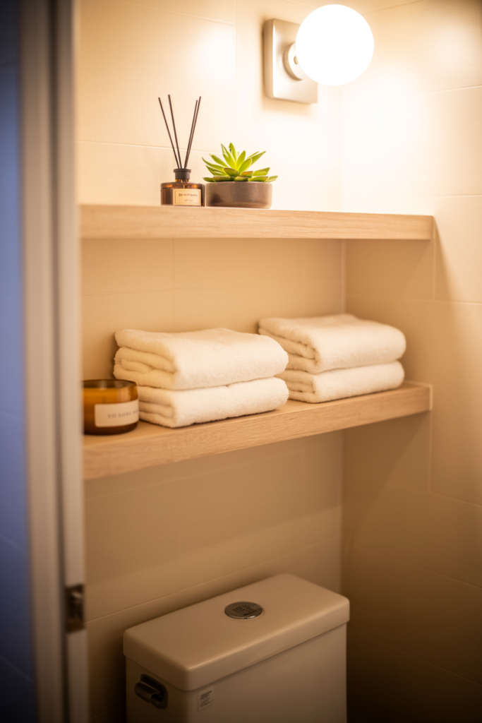 Two floating wooden bathroom shelves above toilet styled with folded white towels, succulent plant, and reed diffuser