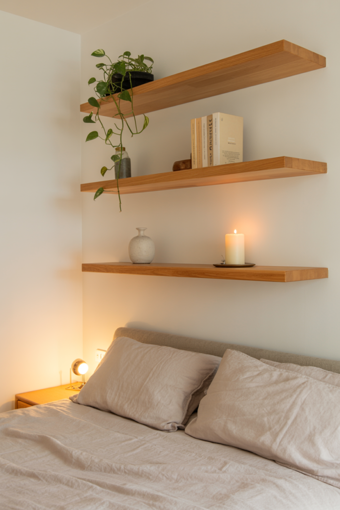 Three staggered floating oak shelves mounted above a bed in a small bedroom holding a trailing plant, books, and minimal decor for smart wall storage