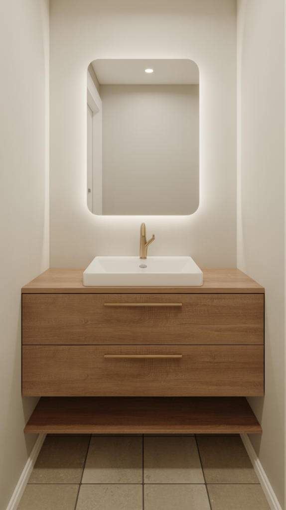 A modern basement bathroom with a wall-mounted floating oak wood vanity, brushed gold faucet, backlit rectangular mirror, and large-format porcelain floor tiles