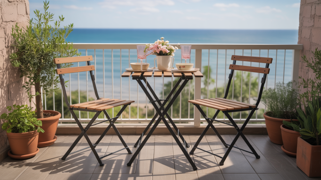 Folding bistro set on a small balcony saving space with budget-friendly furniture