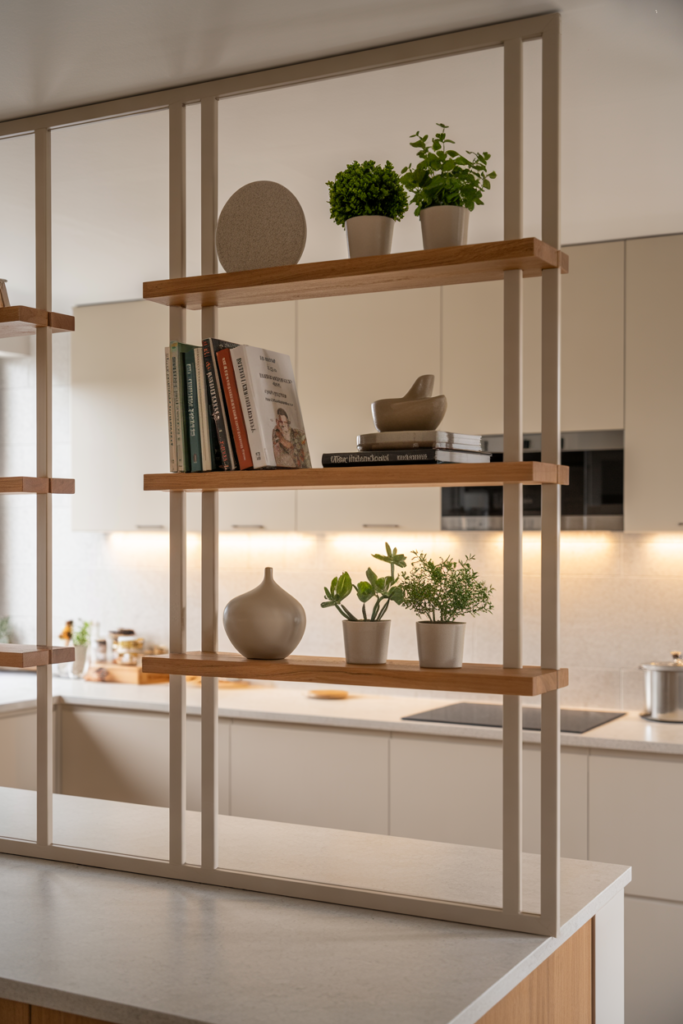 Glass Kitchen Partition with Built-In Shelving for Extra Storage