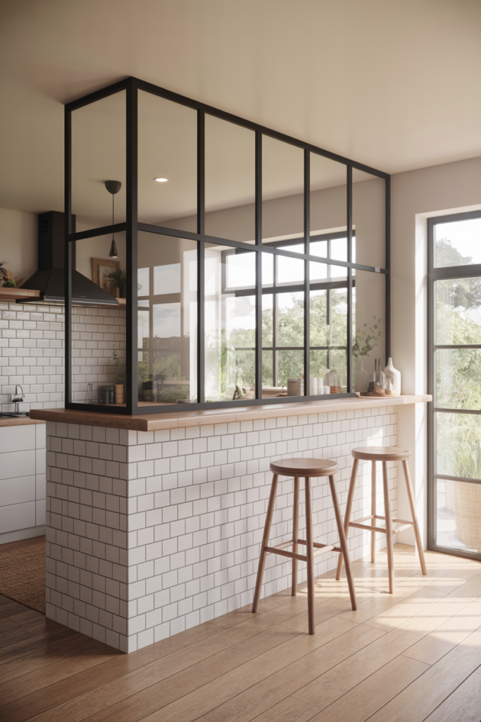Half Glass Kitchen Partition with Breakfast Bar Design