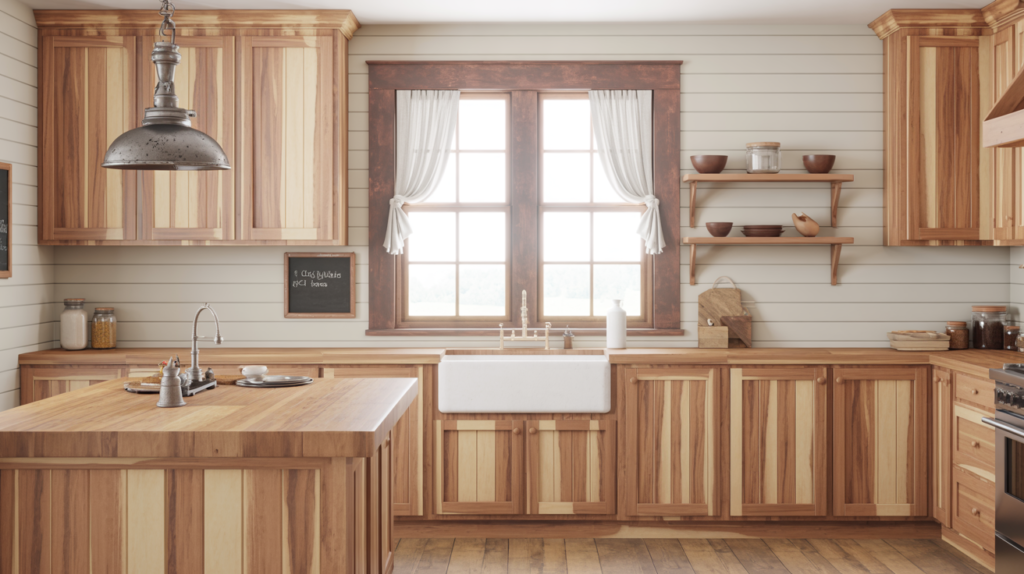 Farmhouse kitchen with natural hickory cabinets, white apron sink, shiplap walls, butcher block island, and wide plank hardwood floors