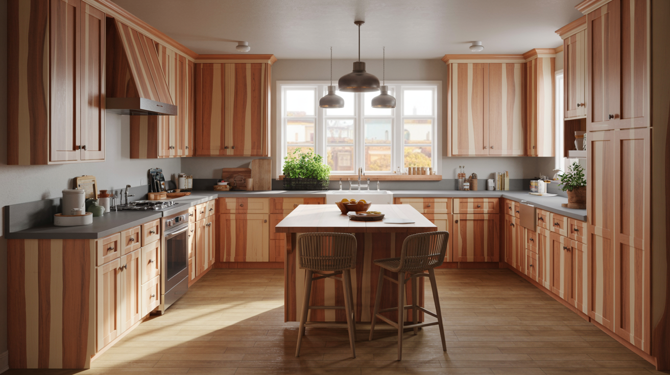 Bright farmhouse kitchen with natural hickory wood cabinets, matte black hardware, and gray quartz countertops