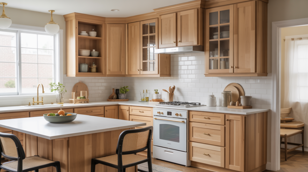 Hickory wood shaker kitchen cabinets with natural finish, brushed brass knobs, and white quartz countertop in a bright kitchen