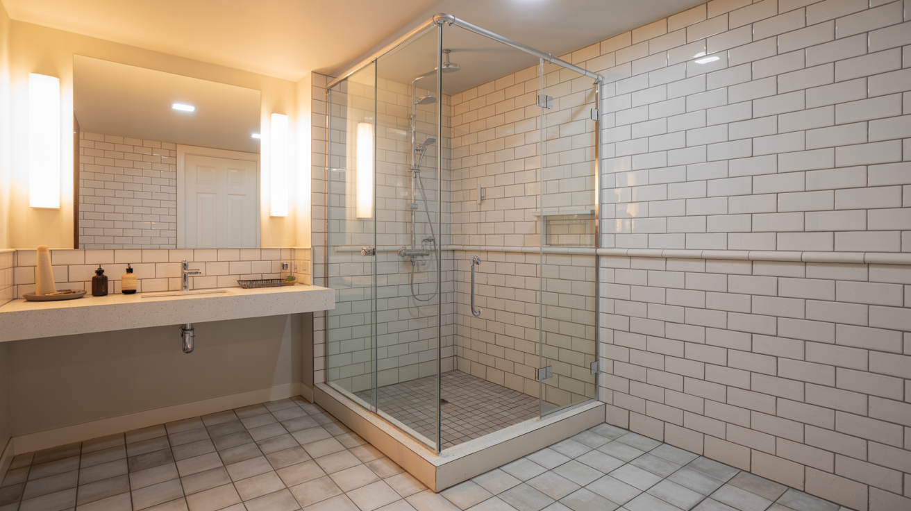 Finished basement bathroom remodel with white subway tiles, glass shower, and floating vanity