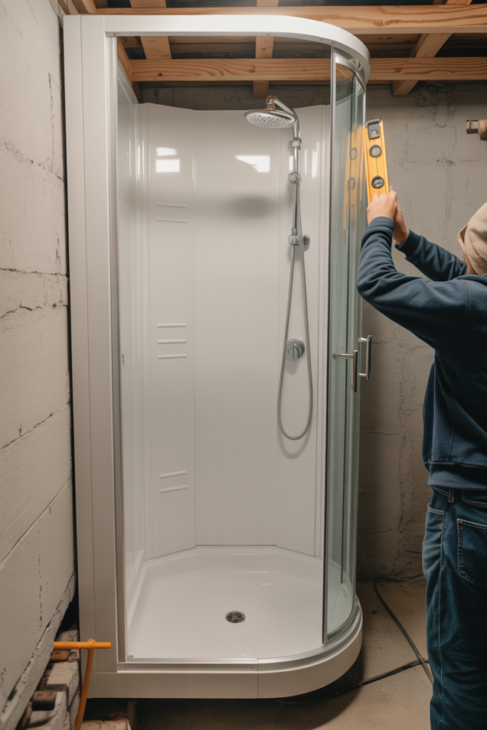 Homeowner installing a prefab white shower unit in a basement bathroom and checking level alignment