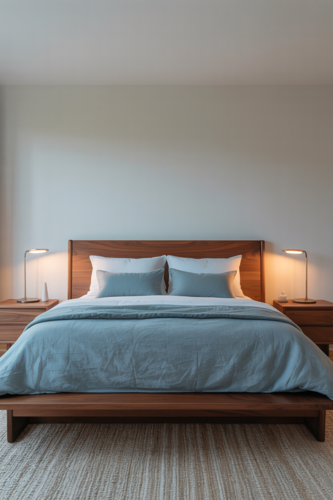 King size wooden platform bed with slate blue bedding and matching walnut nightstands in a couples bedroom