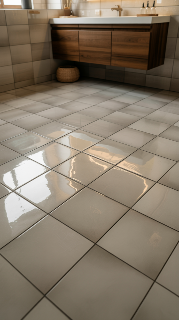 Large 24x24 inch light grey porcelain floor tiles with thin grout lines in a basement bathroom creating a seamless and spacious flooring look
