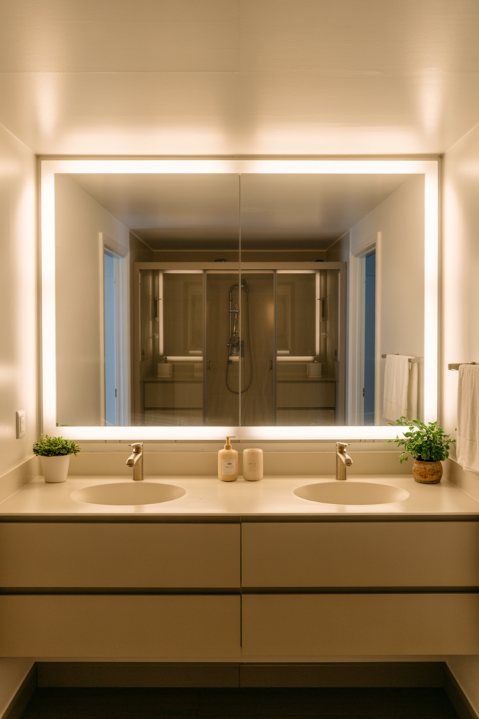 A full-width backlit mirror spanning the entire vanity wall in a basement bathroom reflecting the walk-in shower opposite and making the windowless space feel significantly larger
