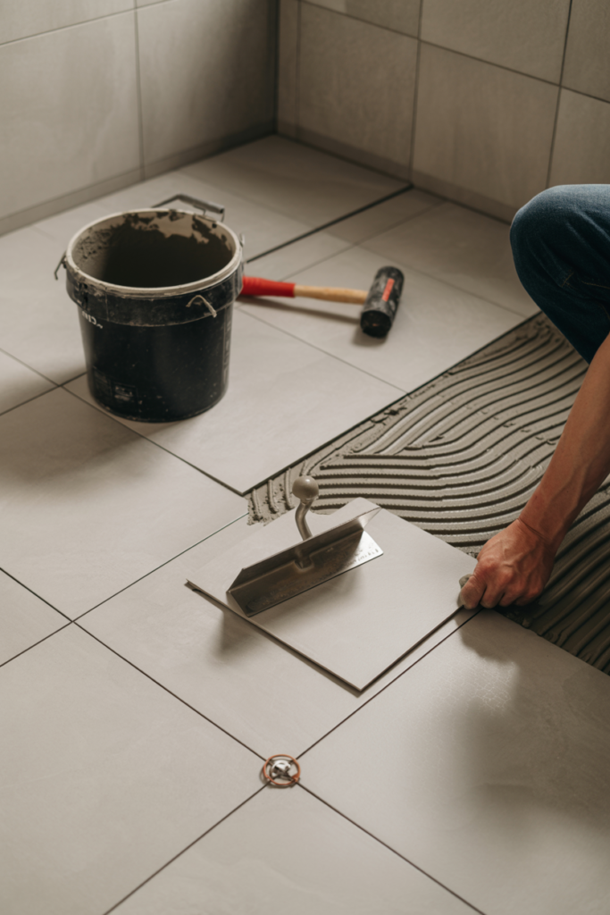 Person installing large format gray porcelain floor tiles in basement bathroom using trowel and leveling clips