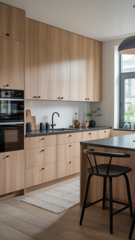 Light oak kitchen cabinets with matte black hardware and minimalist Scandinavian design in a modern home