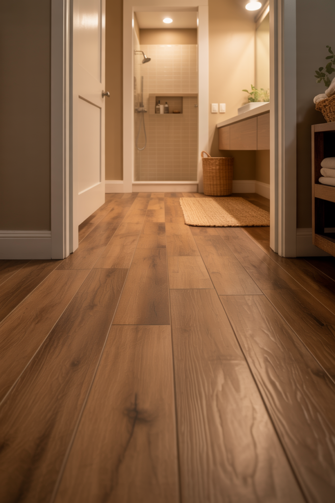 Warm oak finish luxury vinyl plank flooring in a basement bathroom running lengthwise toward a walk-in shower with a white floating vanity and greige painted walls