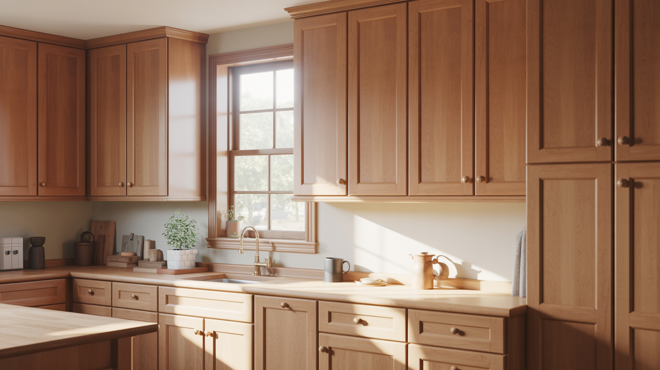 Natural maple kitchen cabinets with honey finish and brushed nickel hardware in a bright modern kitchen