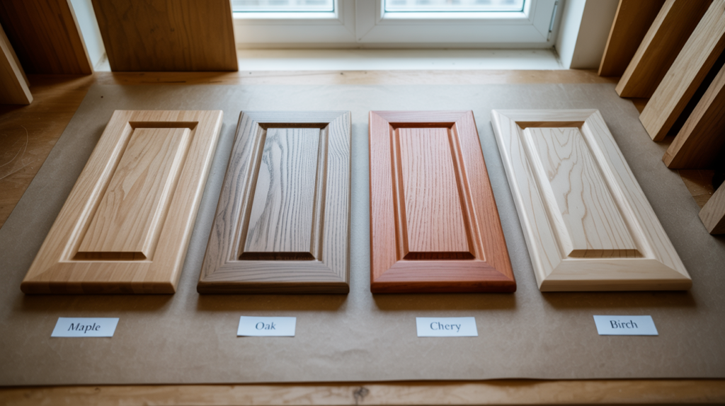 Side by side comparison of maple, oak, cherry and birch cabinet wood samples on a workshop surface