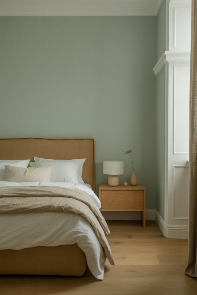 A master bedroom painted in muted sage green with warm white trim, neutral bedding, and natural wood furniture creating a calm and restful color palette
